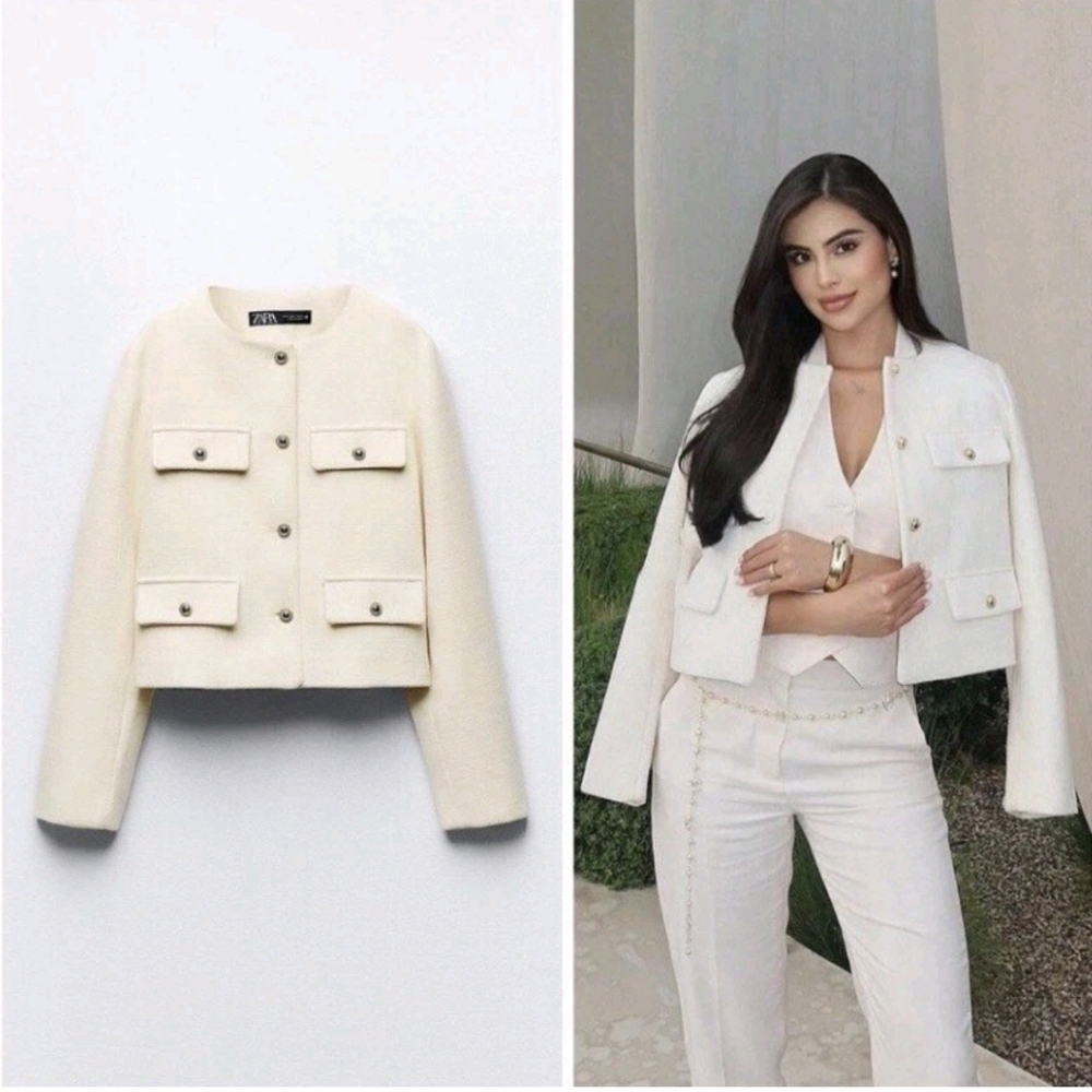 Zara Tweed Cropped Blazer Jacket Size S - Picture 9 of 16